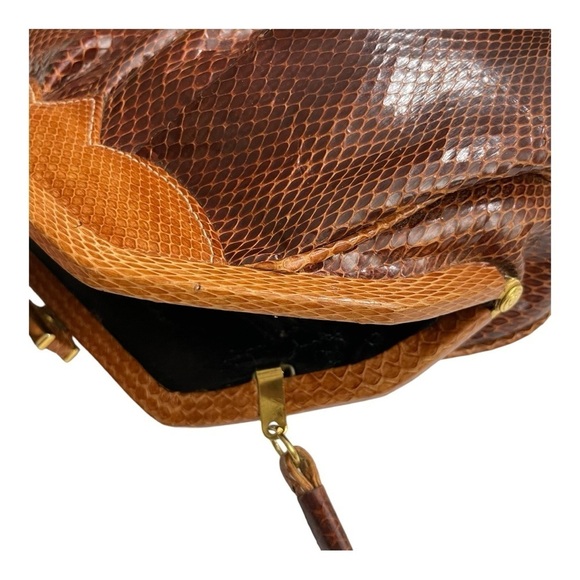 Brown Leather Clutch Snakeskin Shoulder Crossbody Strap Convertible Clutch 1980s - Picture 12 of 15